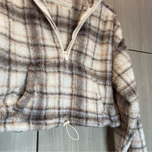 Aeropostale Plaid Pullover Hoodie Sherpa-Style Zip Front Cream Brown Medium - Picture 4 of 7